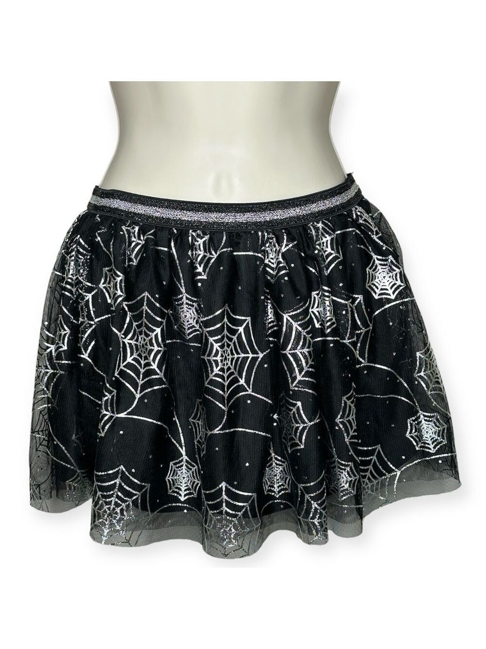 Cobweb Metallic Mesh Halloween Skirt Black Silver Girls L 10-12